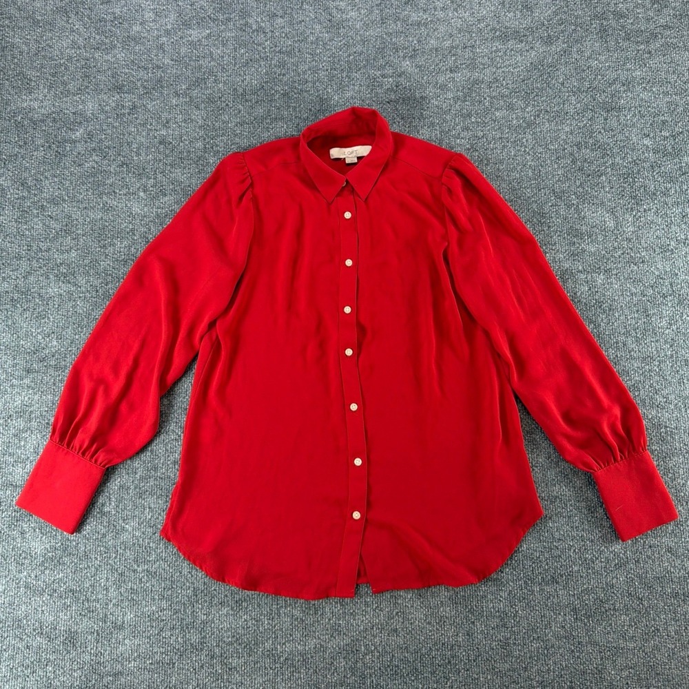 Loft Women Red Long Sleeve Button Down Blouse Puff Shoulder Top XS Colorful bold